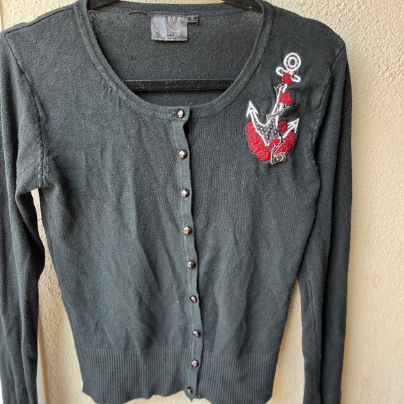 Lucky Thirteen Rockabilly Button-up CardiganSweater Embroidered Anchor L black - Picture 1 of 10